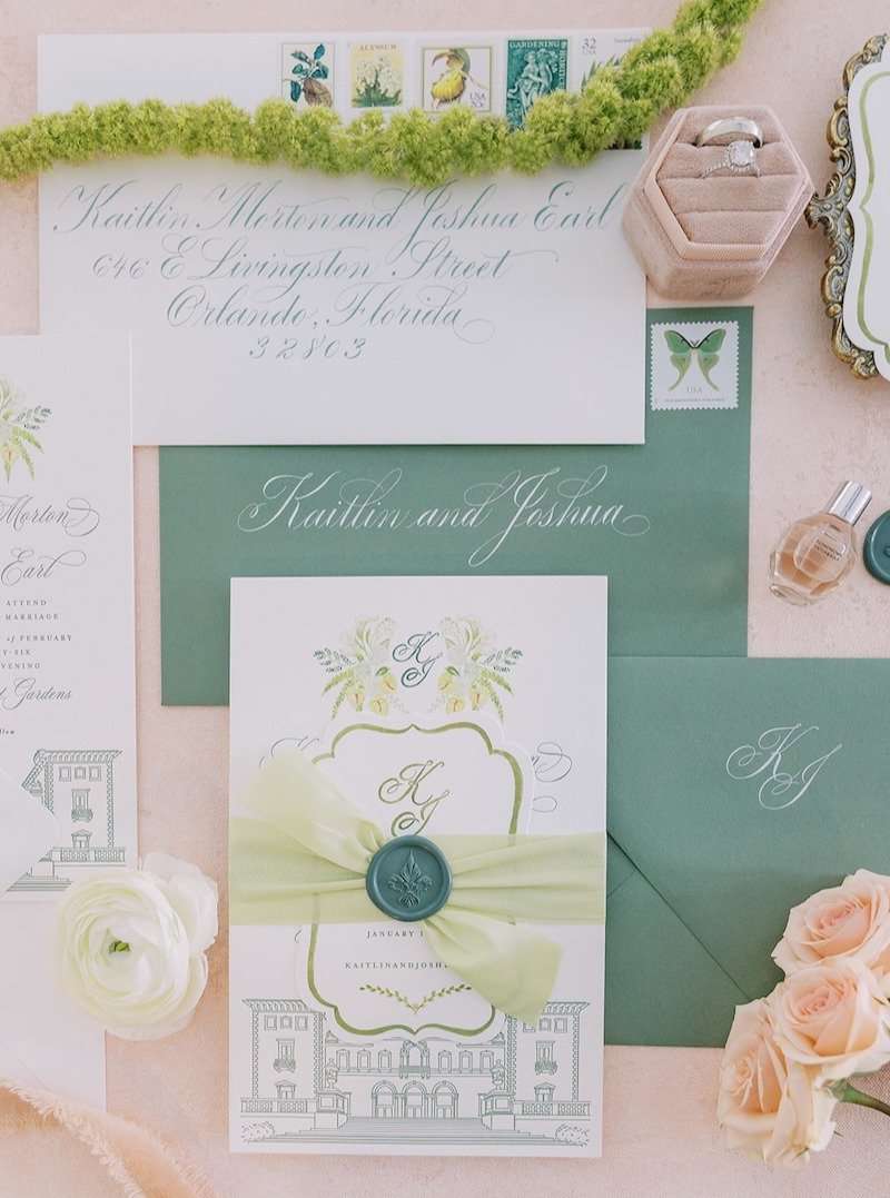 Thank you @kandkphoto for so beautifully styling and capturing this Vizcaya invitation suite.

This design features an oversized invitation card with a letterpress-printed illustration of the venue, paired with a hand-painted watercolor monogram cres