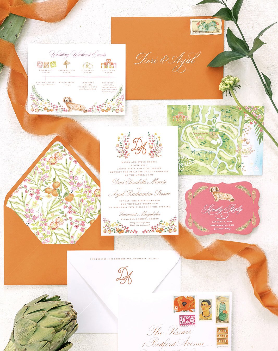 So excited to share photos of D&amp;A&rsquo;s invitation design for their wedding in Playa del Carmen, Mexico. D suggested incorporating the burnt orange rust hue to mirror the historic architectural features of El Pueblo, the site of their reception