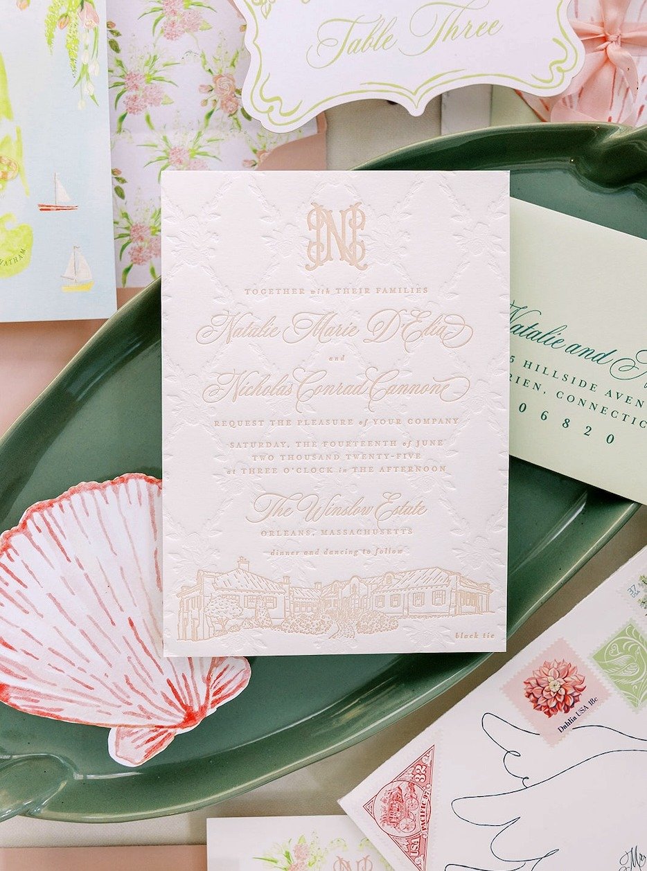 Pink letterpress and debossed details for N&amp;N&rsquo;s invitation card, paired with a custom wedding map of Cape Cod, and swans and doves throughout their wedding stationery.

Thank you @kandkphoto!