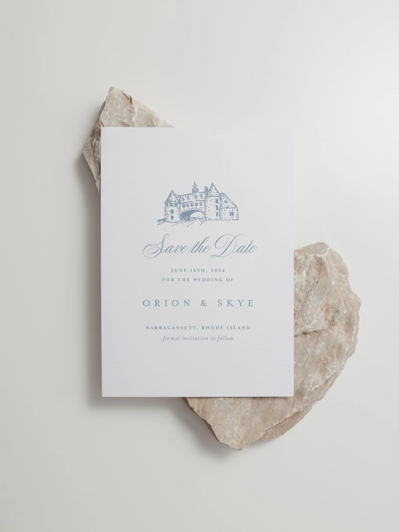 Wedding invitation with venue sketch of The Towers wedding venue