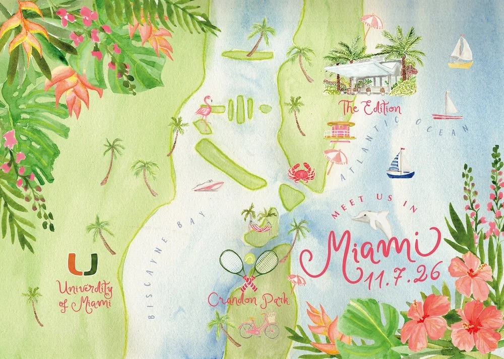 Miami & Miami Beach Wedding Watercolor Map