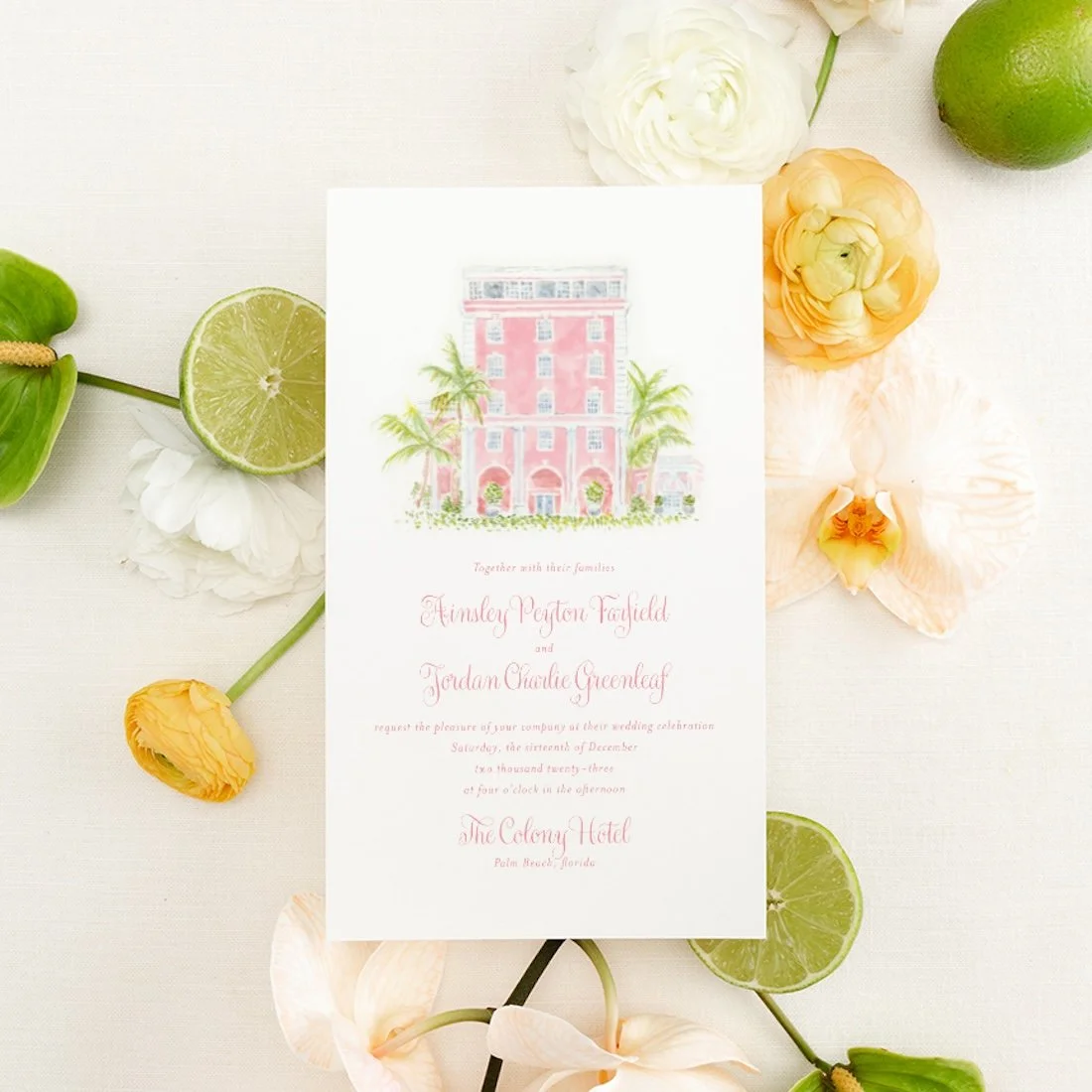The Colony Hotel watercolor wedding venue illustration