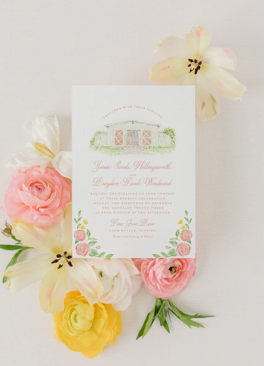Pine Grove Barn wedding venue custom watercolor invitation