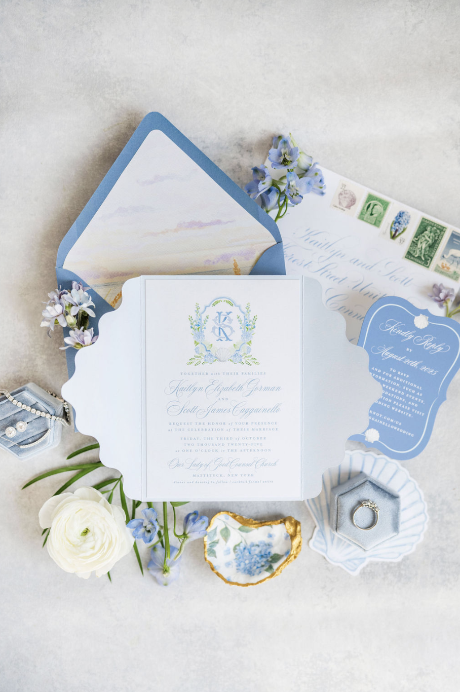 blue gatefold watercolor wedding invitation
