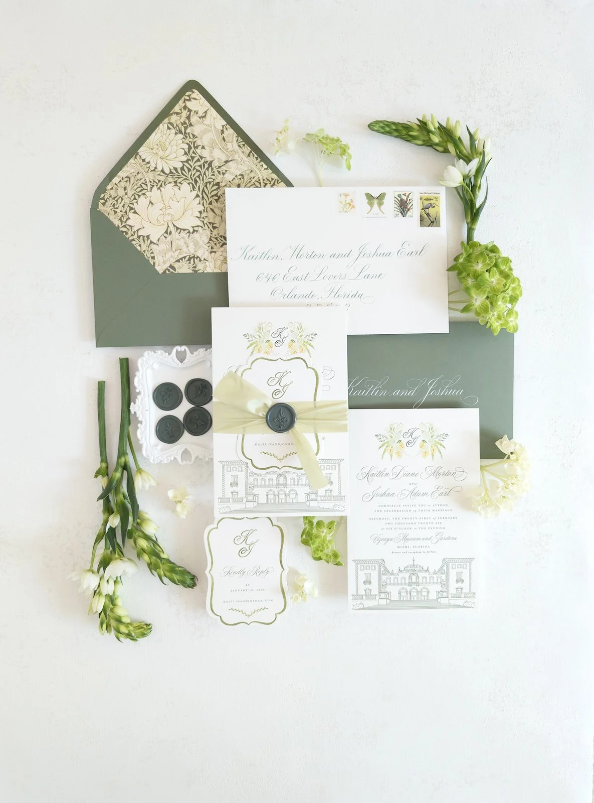 Invitation card, reply info card, silk ribbon, wax seal, for a Vizcaya Museum and Gardens wedding