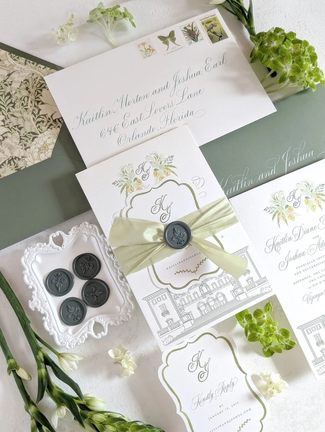 vintage postage and letterpress wedding venue illustration of Villa Vizcaya