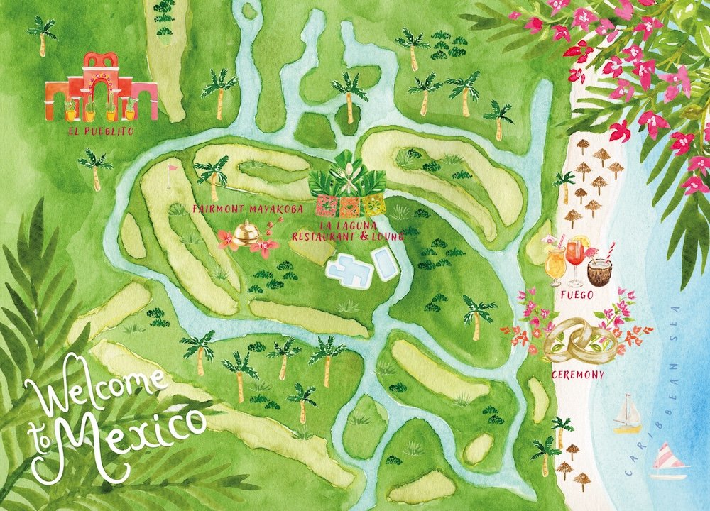 Mexico Watercolor Wedding Map