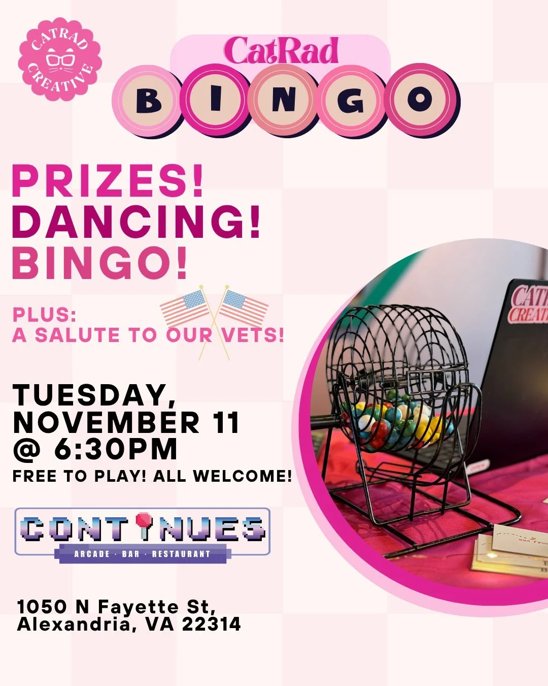 ✨CATRAD BINGO IS BACK! 
Join us @continuesarcade on Tuesday, November 11 from 6:30-8:30 for bingo, dancing, prizes, and a salute to our Veterans on Veteran's Day 🇺🇸 ! It's free to play and ALL are welcome. Link in bio to register. 

We can't wait t
