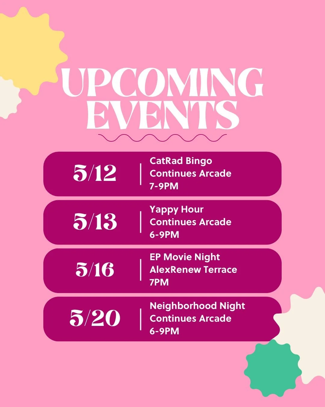 🗓️Upcoming events at CatRad Creative! Will we see you there? Have any questions? Shoot us a DM! And check out the link in our bio for RSVPs and more info 👀