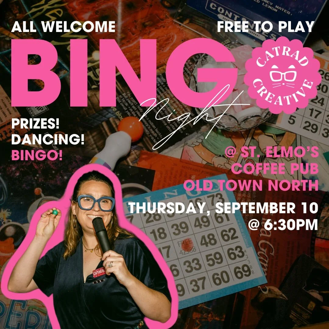Hi Friends! 🌸 Team CatRad has been busy behind the scenes bringing some amazing private events to life and gearing up for a VERY busy holiday season! But we&rsquo;re ready to come out and play! 

Join us for Bingo with @stelmosoldtownnorth, sip some