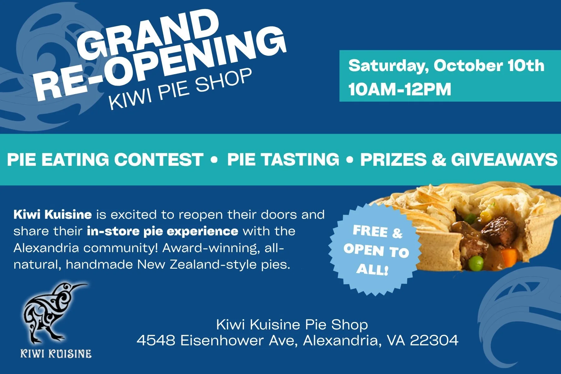 Breaking News, Alexandria! Kiwi Kuisine is excited to reopen their doors and share their in-store pie experience with the Alexandria community! 

Come hungry because this FREE event is packed with:

🇳🇿 Pie tastings
🇳🇿 Face painting
🇳🇿 Games
🇳?