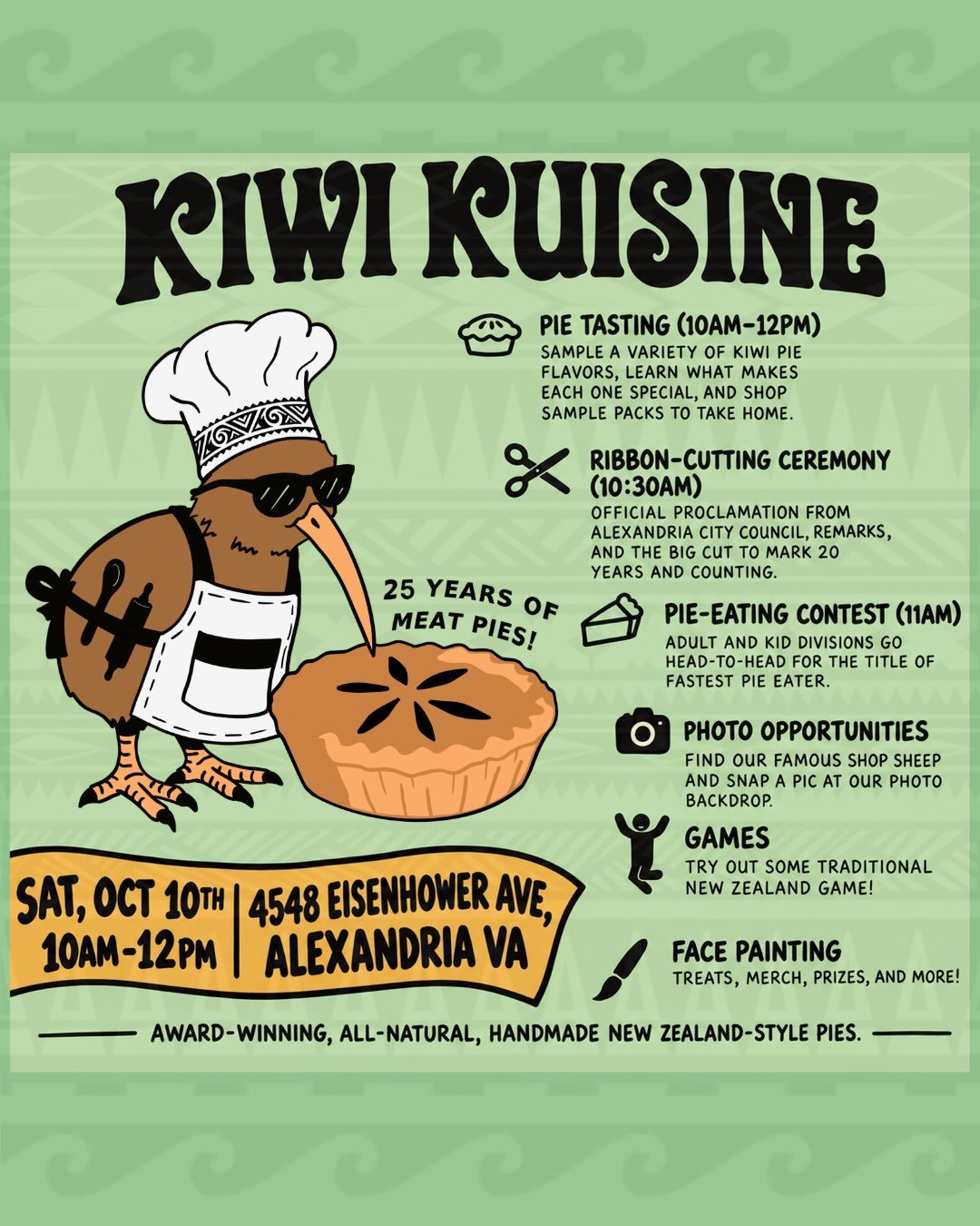 Happy holiday weekend! Looking for last-minute plans? Let us fill your Saturday, October 10th! 

Start with Kiwi Kuisine&rsquo;s Grand Re-Opening! Join us from 10 AM&ndash;12 PM for pie tastings, a ribbon cutting, a pie-eating contest, games &amp; gi