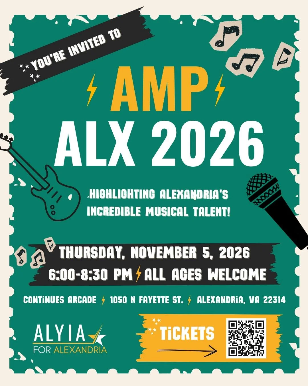 GET READY TO ROCK, ALEXANDRIA! 🎶 You're invited to AMP ALX 2026! 

Join us for a music-filled evening celebrating the incredible talent right here in our Alexandria community. This evening will support our incredible Mayor, @alyia4alx. 

Bring the w