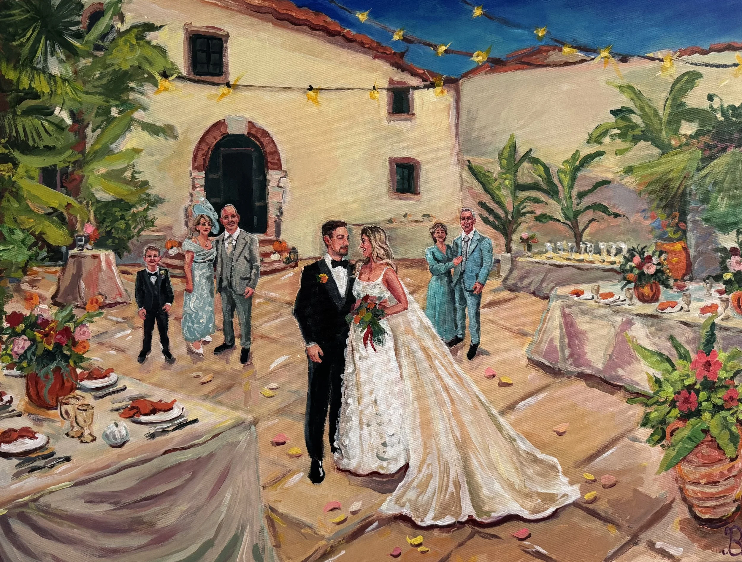 Live wedding painting of a bride and groom celebrating with family at a romantic courtyard wedding in Spain, featuring Mediterranean architecture, palm trees, candlelit reception tables, and warm evening string lights, painted onsite by Bloom & Bliss