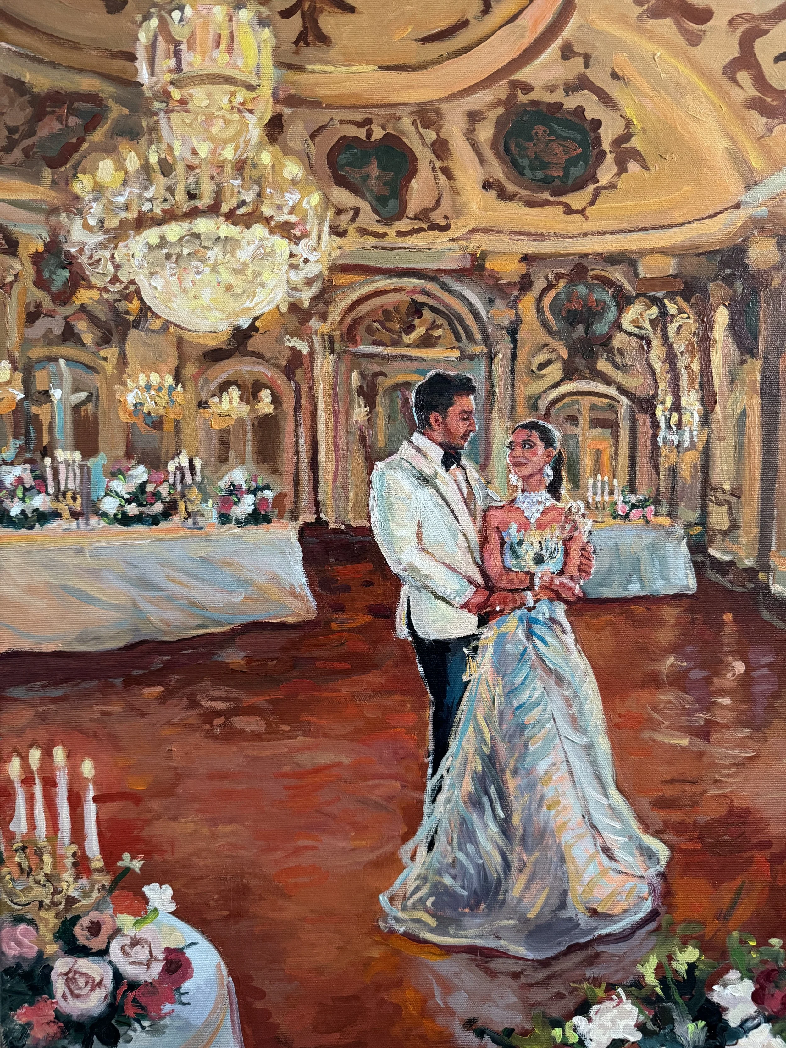 Live wedding painting of a bride and groom embracing inside the grand ballroom of Queluz National Palace in Lisbon, Portugal, featuring ornate chandeliers, gilded ceilings, and romantic candlelit reception décor, painted onsite by Bloom & Bliss Art