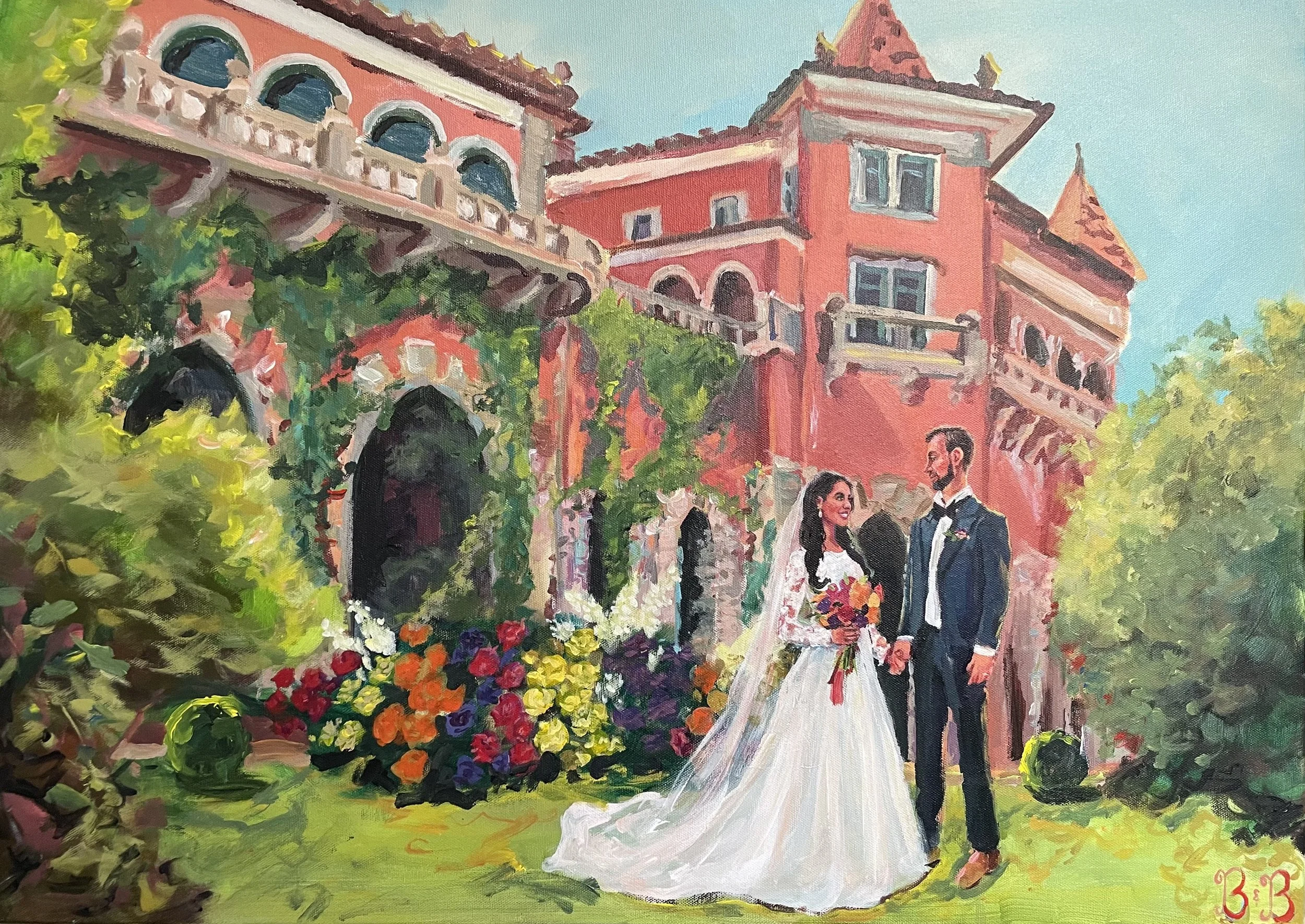Live wedding painting of a bride and groom in the gardens of Casa dos Penedos in Sintra, Portugal, surrounded by colorful flowers, lush greenery, and the venue’s iconic pink historic architecture, painted onsite by Bloom & Bliss Art