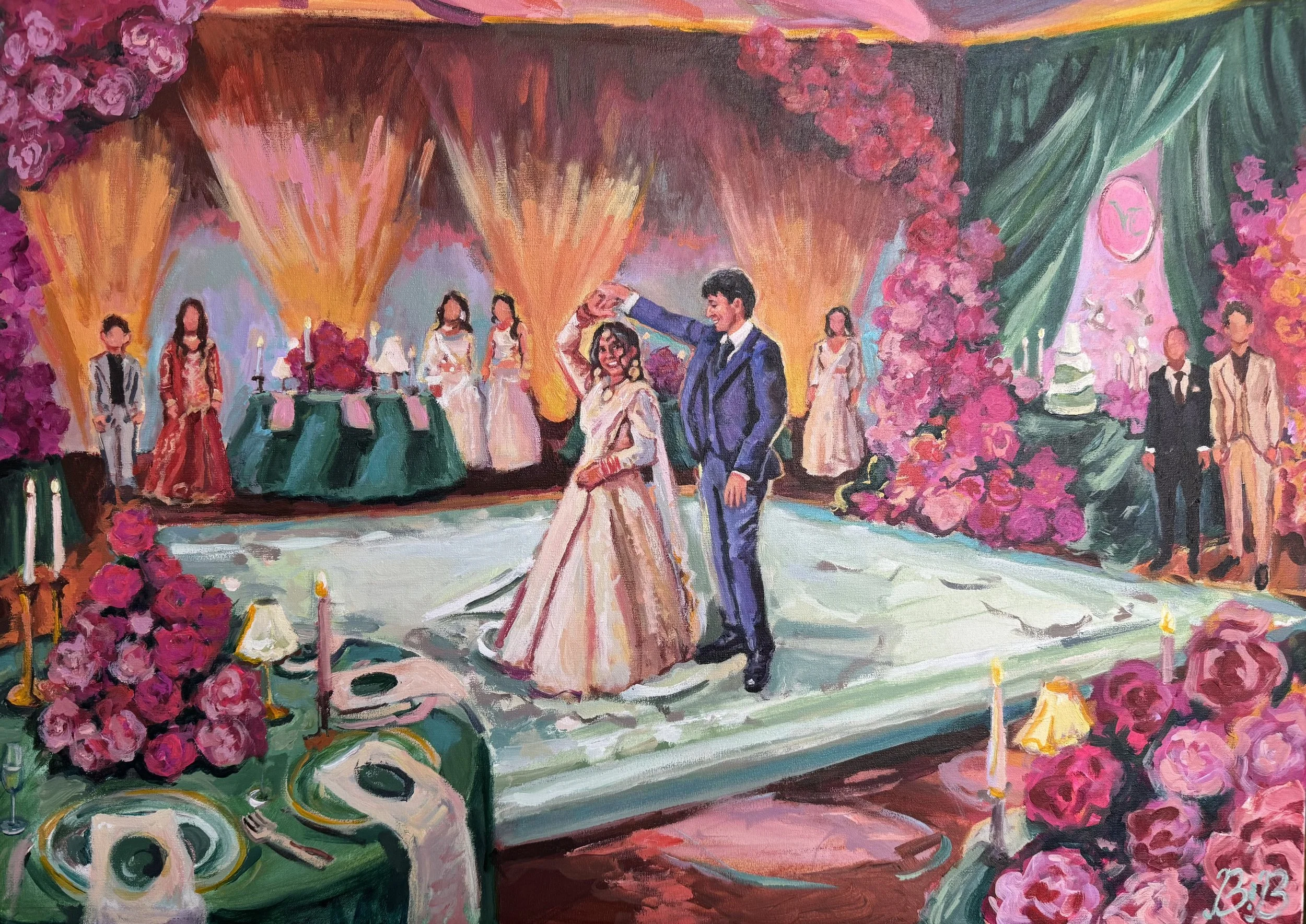 Live wedding painting of a bride and groom sharing their first dance at a luxurious Indian wedding reception at Tivoli Carvoeiro in the Algarve, Portugal, featuring vibrant pink floral décor, candlelit tables, and elegant drapery, painted onsite by B