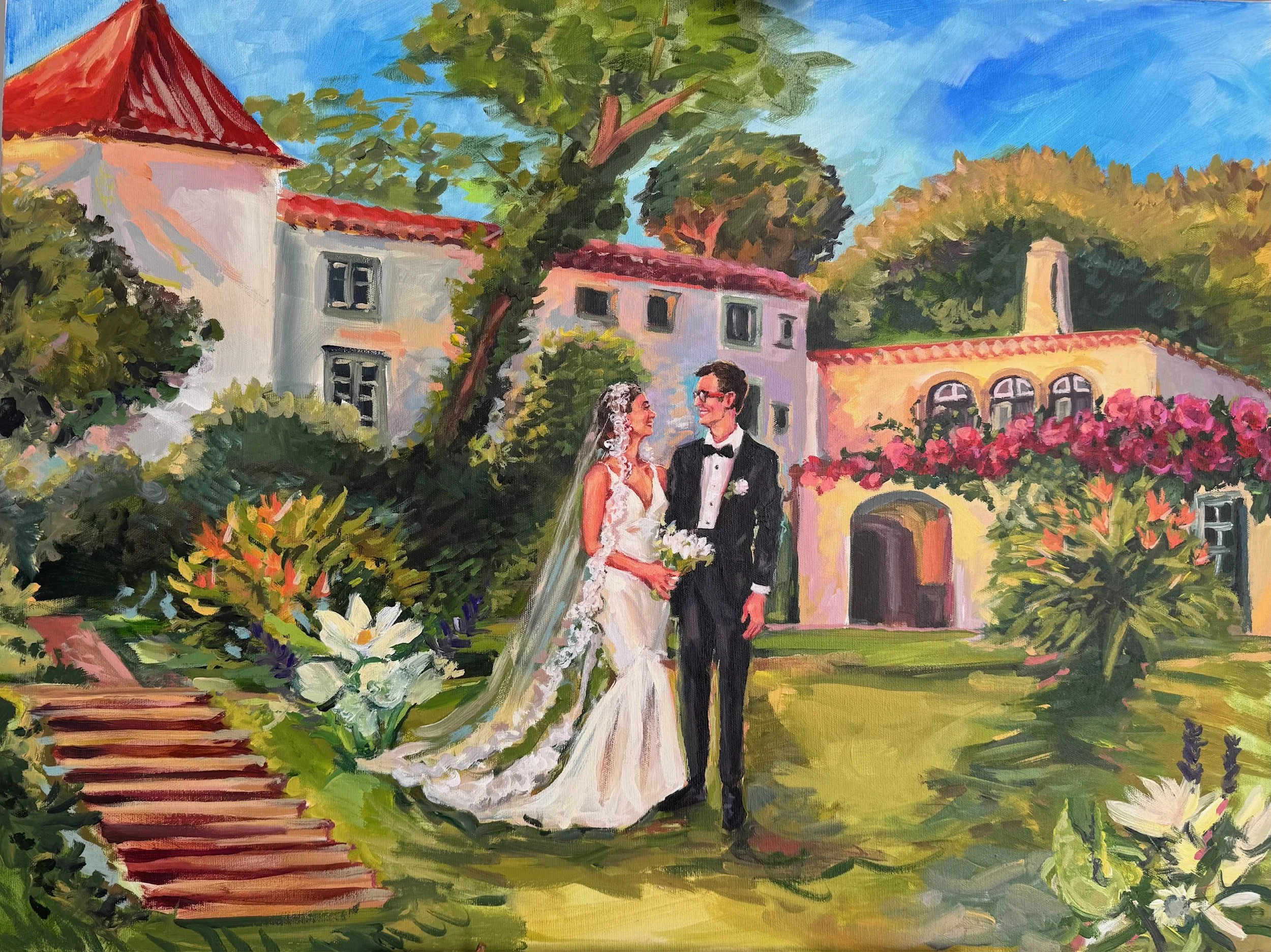 Live wedding painting of a bride and groom in the gardens of Quinta de São Thiago in Sintra, Portugal, surrounded by lush greenery, colorful flowers, and historic Portuguese architecture, painted onsite by Bloom & Bliss Art