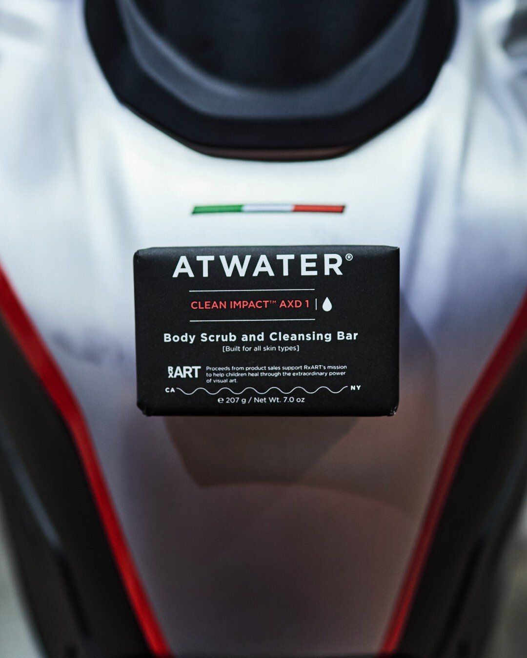 Start your engines! Only 6 months into @ATWATERskincare's brand journey, we launched their first major partnership: a limited edition body scrub soap bar created with @DucatiUSA, from which proceeds went to support @RxART's charitable mission to help