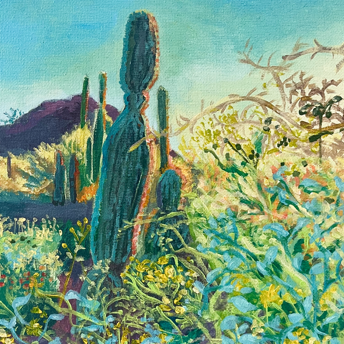 A colorful painting of a desert landscape with tall cacti, bushes, and a mountain in the background under a clear sky at golden hour.
