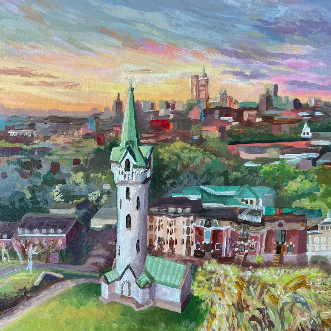 Painting of the Boston cityscape at sunset featuring a water tower with a tall green steeple in the foreground, surrounded by various buildings and greenery.