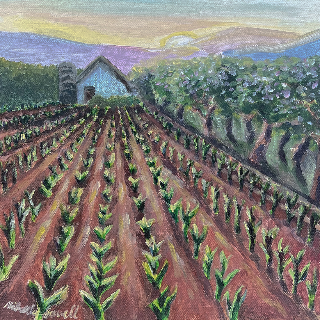 Acrylic painting of a farm with rows of green crops, a white barn with a silo, on the right side are rows of flowering trees, with a hazy sunset or sunrise in the background.