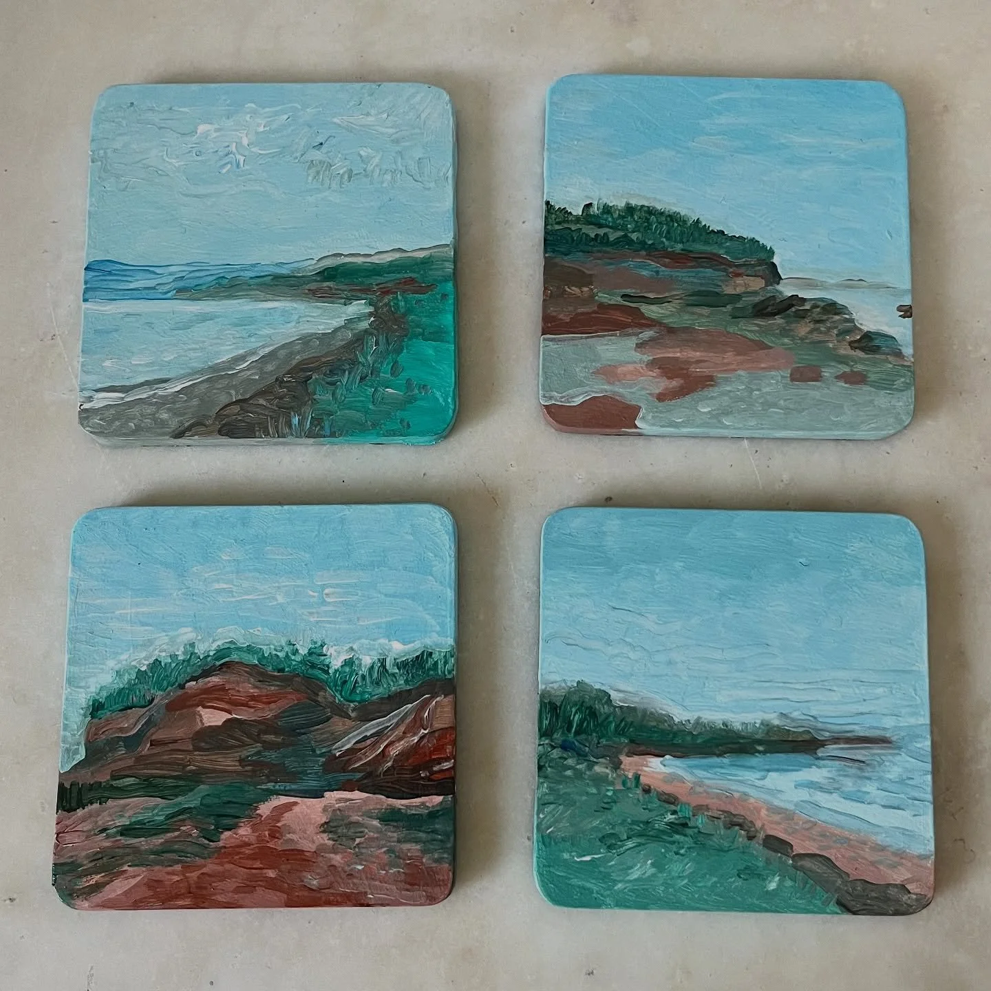 I&rsquo;m happy to share that there are now multiple sets of pine wood coasters available in the Savell Studio shop! It&rsquo;s been fun learning how to prep and stain the wood, and finding new ways to combine my acrylic paintings into new products. 