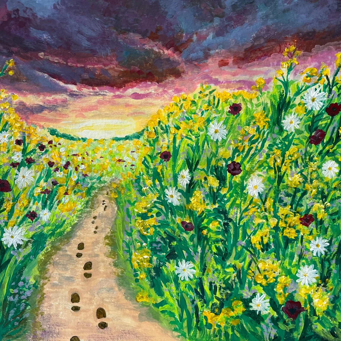 A vibrant painting of a flower field at sunset, with yellow and white daisies, a dirt path marked with footprints in the center, and a colorful sky with pink, purple, and yellow clouds.