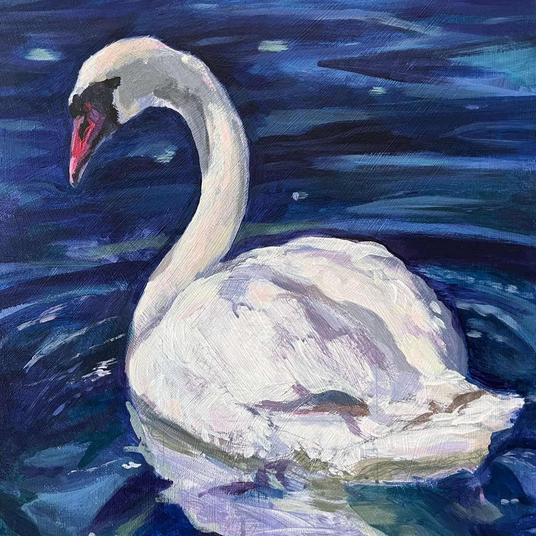 An impressionist painting of a white swan swimming in dark blue and purple water.