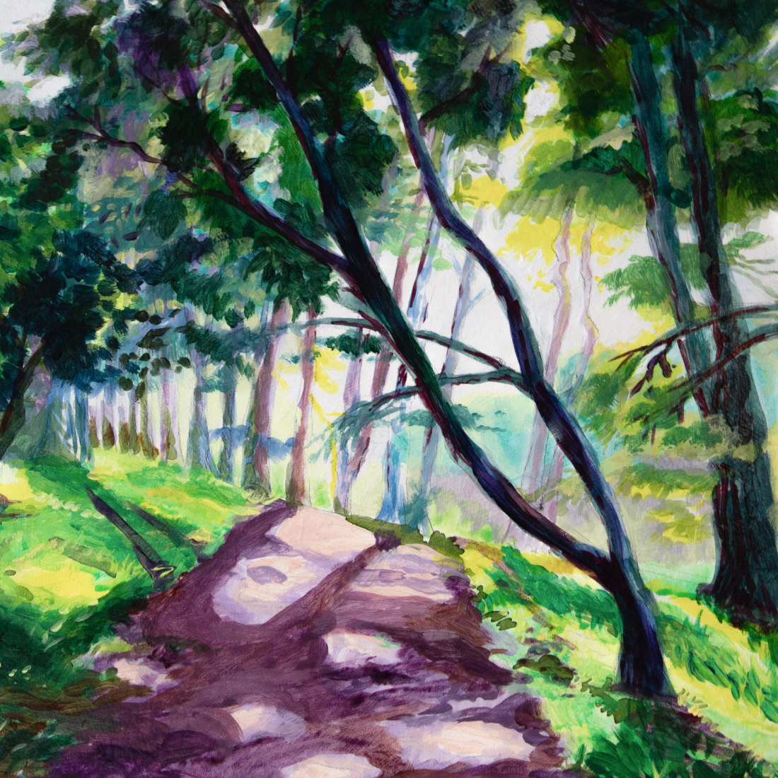 A colorful painting of a forest with tall trees, green foliage, and a dirt path winding through the woods.