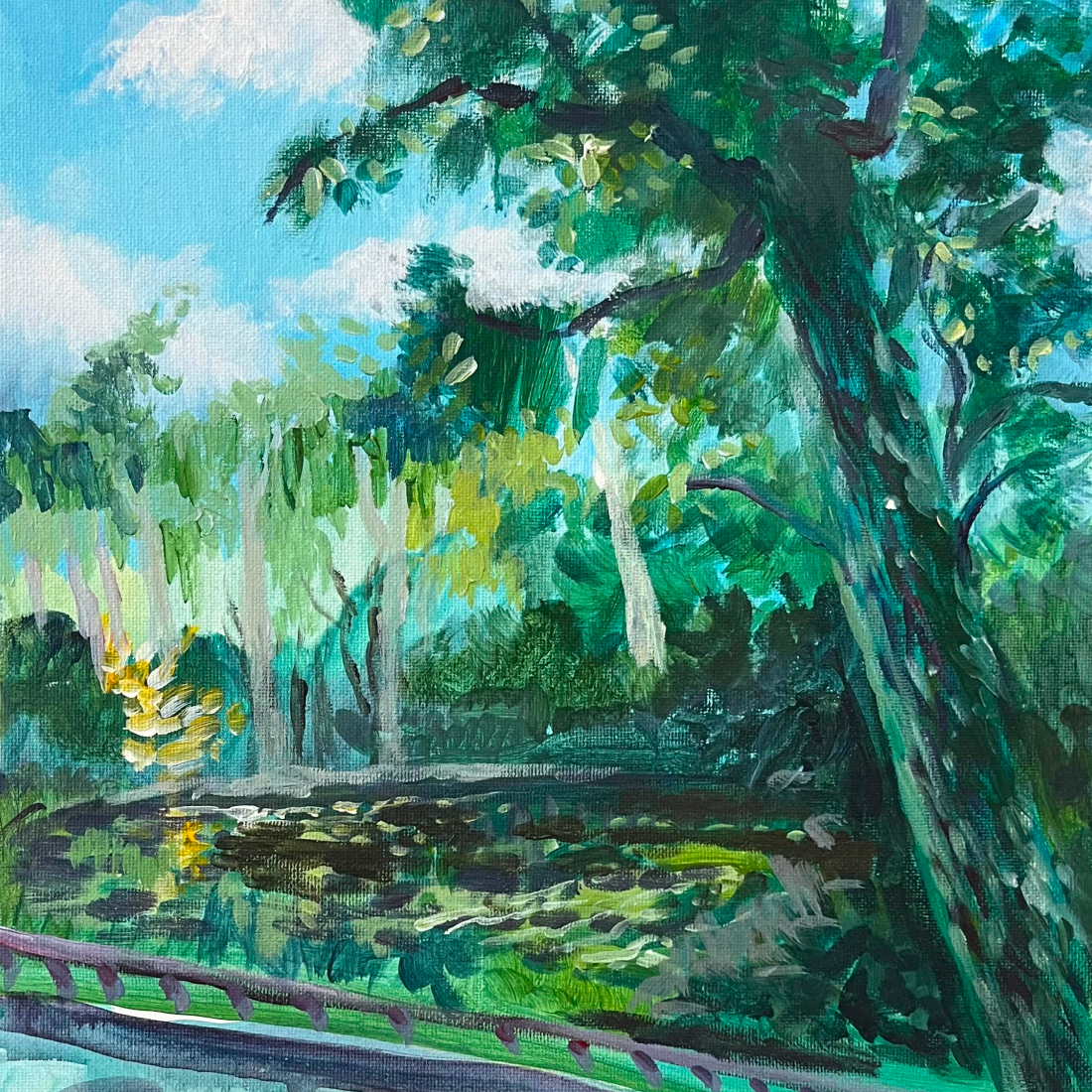 A vibrant landscape painting of a lush green park with tall trees, a pond, and a pathway with a wooden railing, under a blue sky with scattered clouds.
