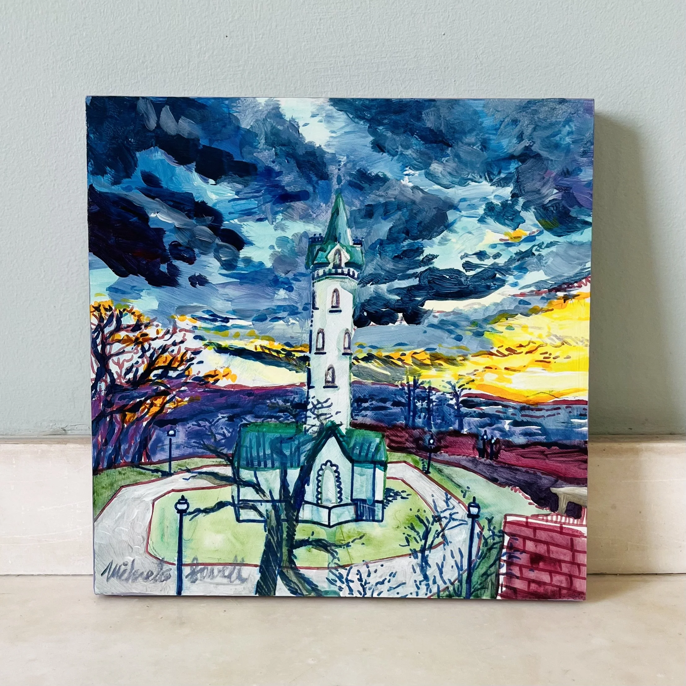 "Top of Fort Hill" 10x10 acrylic painting on wood panel