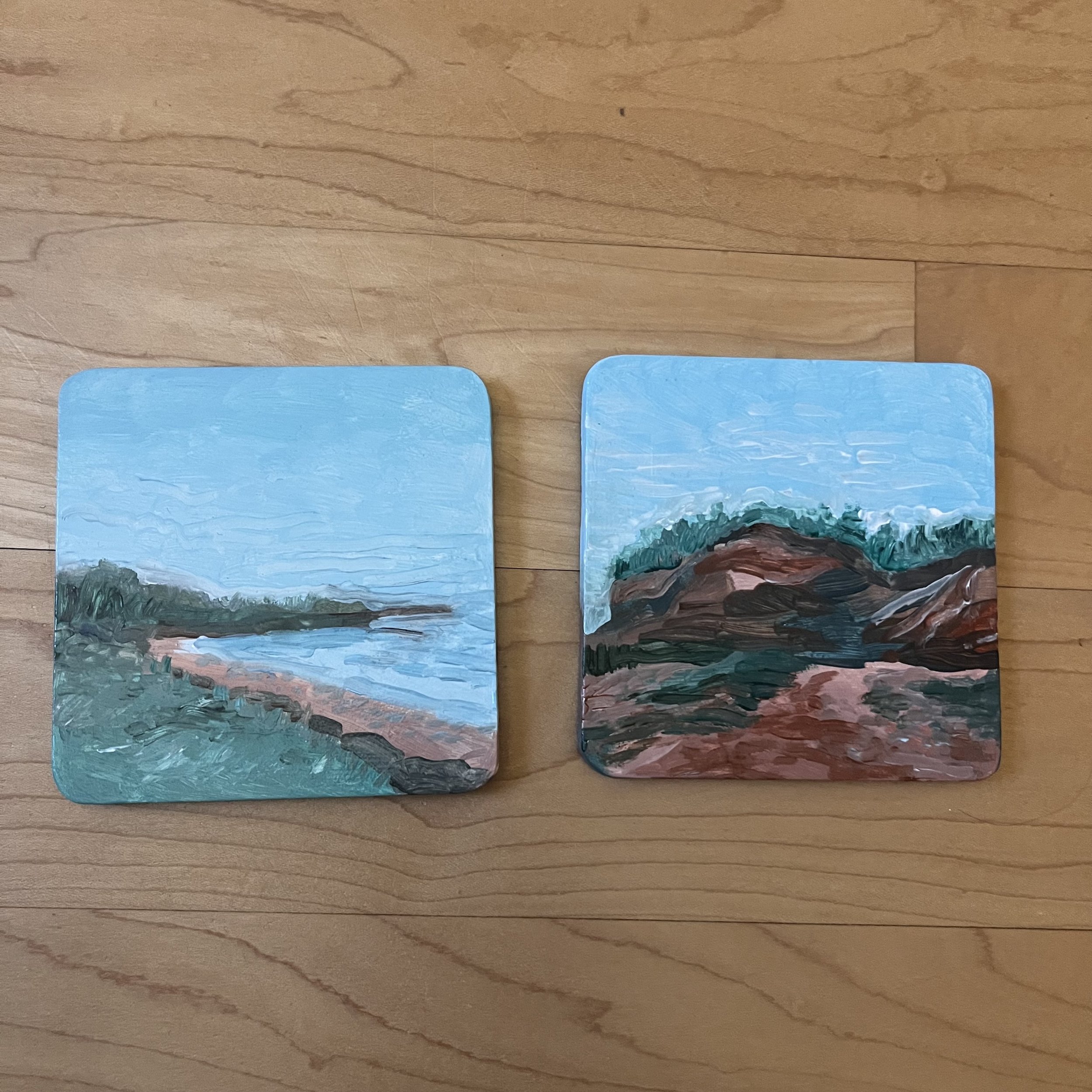 St. John hand-painted pine wood coasters, set of 2