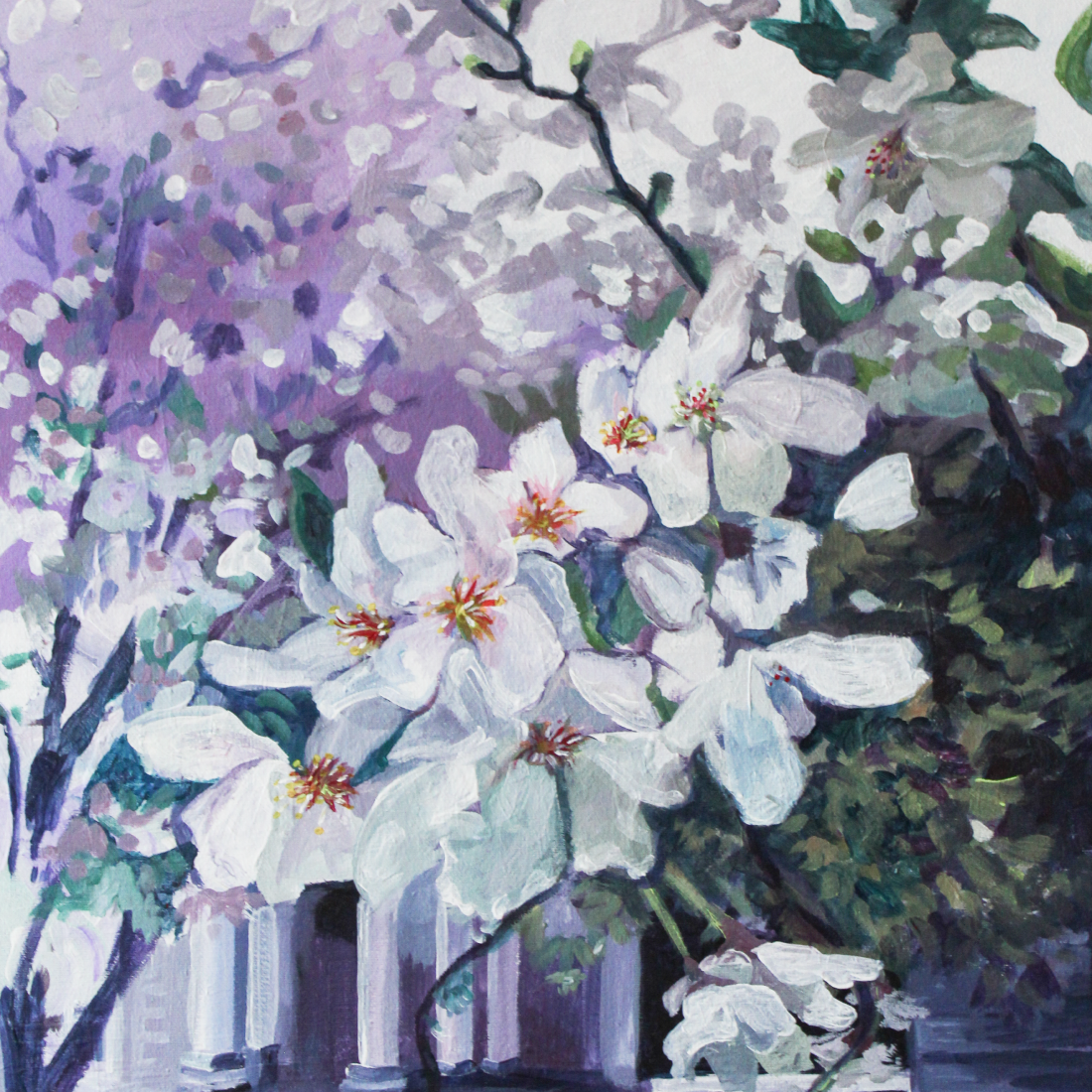 A painting of white magnolia blossoms with dark green and purple houses in the background.