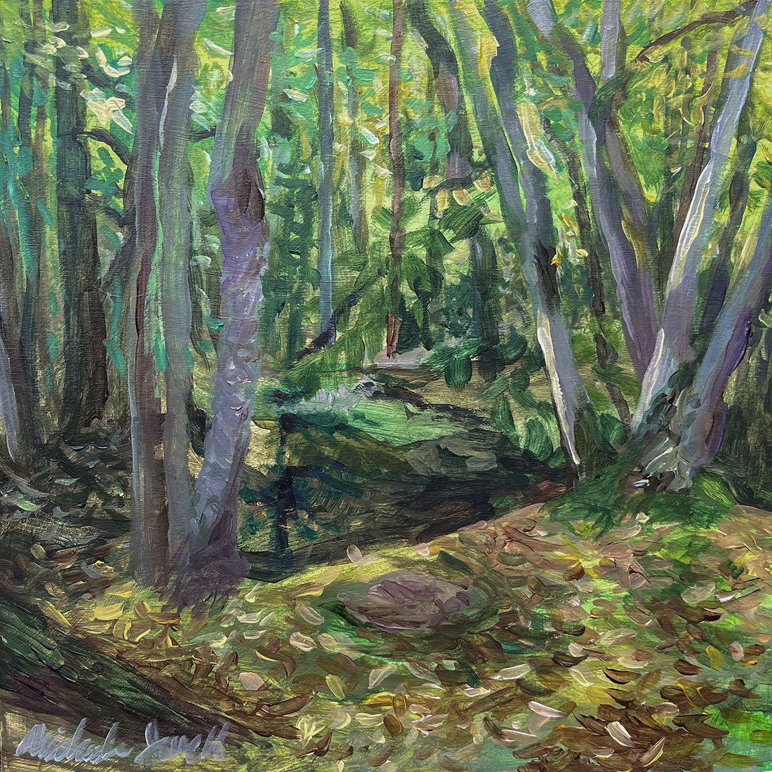A painting of a dense green forest with tall trees and a forest floor covered in fallen leaves.