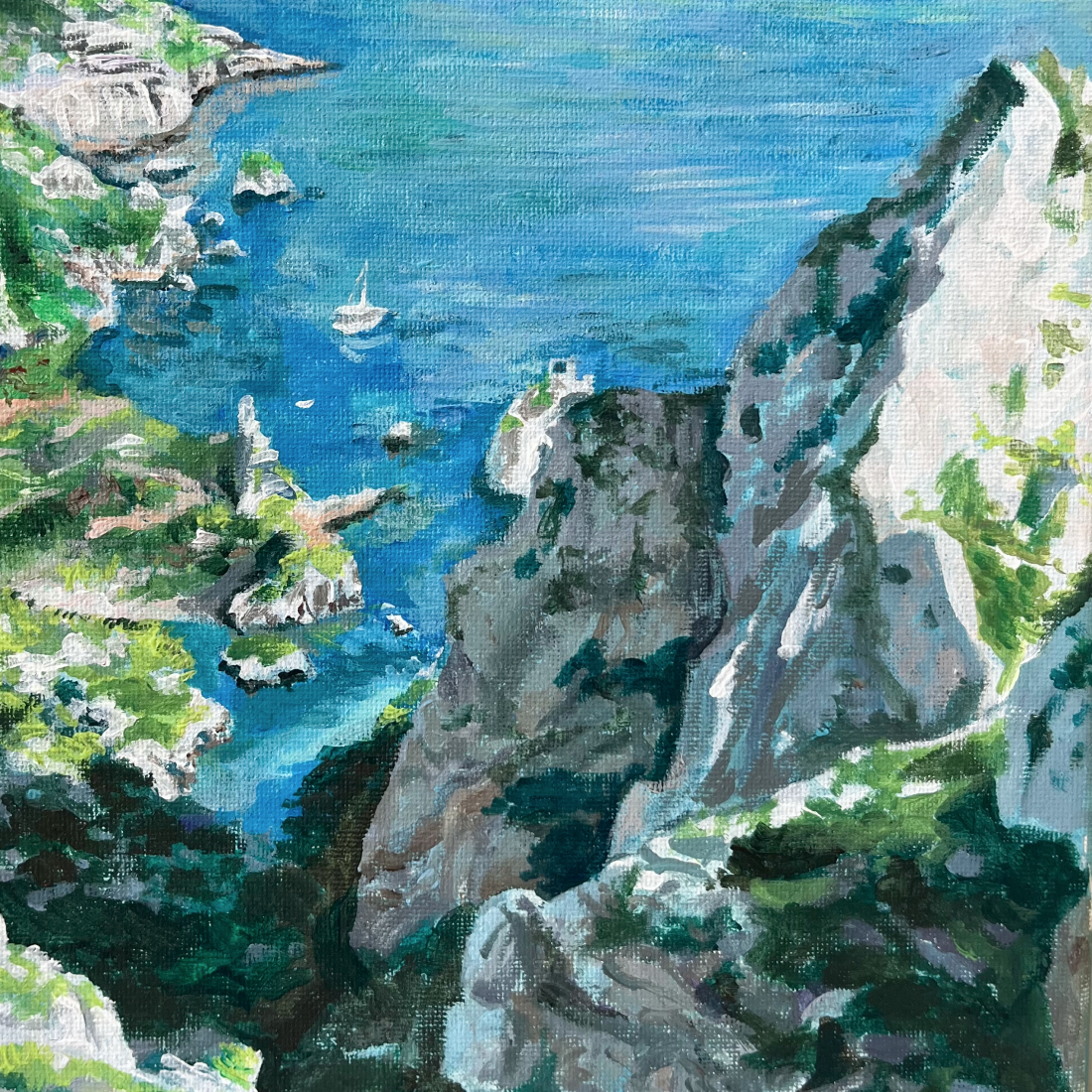 A painting of a Mediterranean coastal landscape with cliffs, green foliage, and a blue ocean with sailboats.