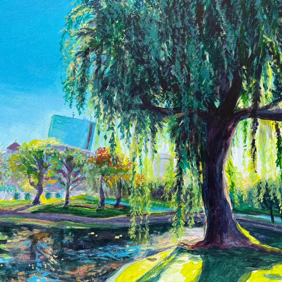 A colorful painting of the Boston Common park, with a large weeping willow tree with hanging branches in the foreground, a small pond with reflections, and a background of city buildings and a clear blue sky.