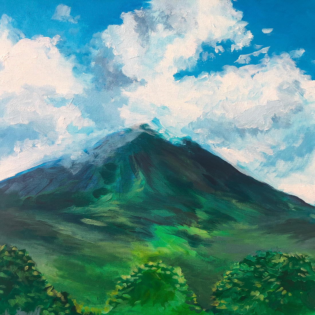 A painting of a green volcano over a jungle, with a cloudy sky above.