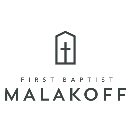 Logo for First Baptist Malakoff, featuring a church steeple with a cross and the church's name.
