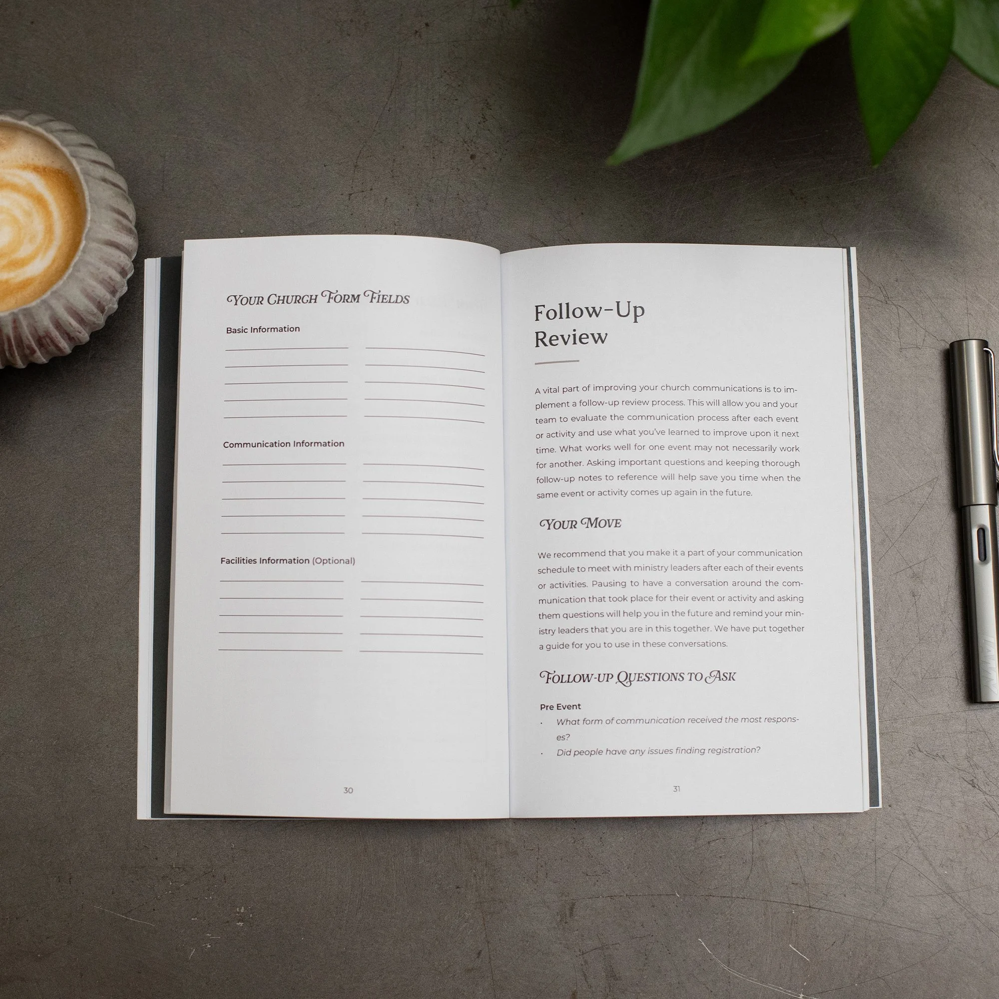Open booklet on a table with text about church form fields and follow-up review, a cup of coffee in a ceramic cup, and a potted plant with green leaves.