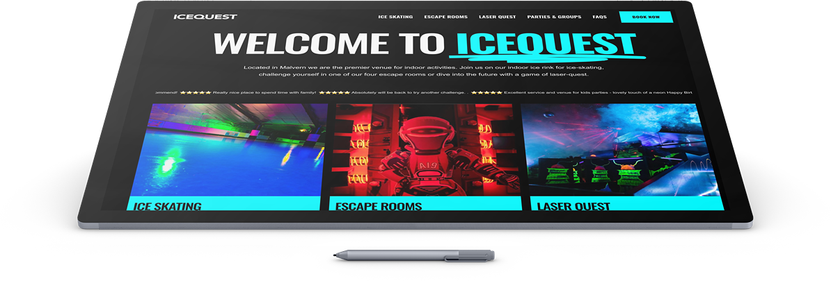 Tablet displaying the ICEQUEST website with options for ice skating, escape rooms, and laser quest, with promotional images for each activity.