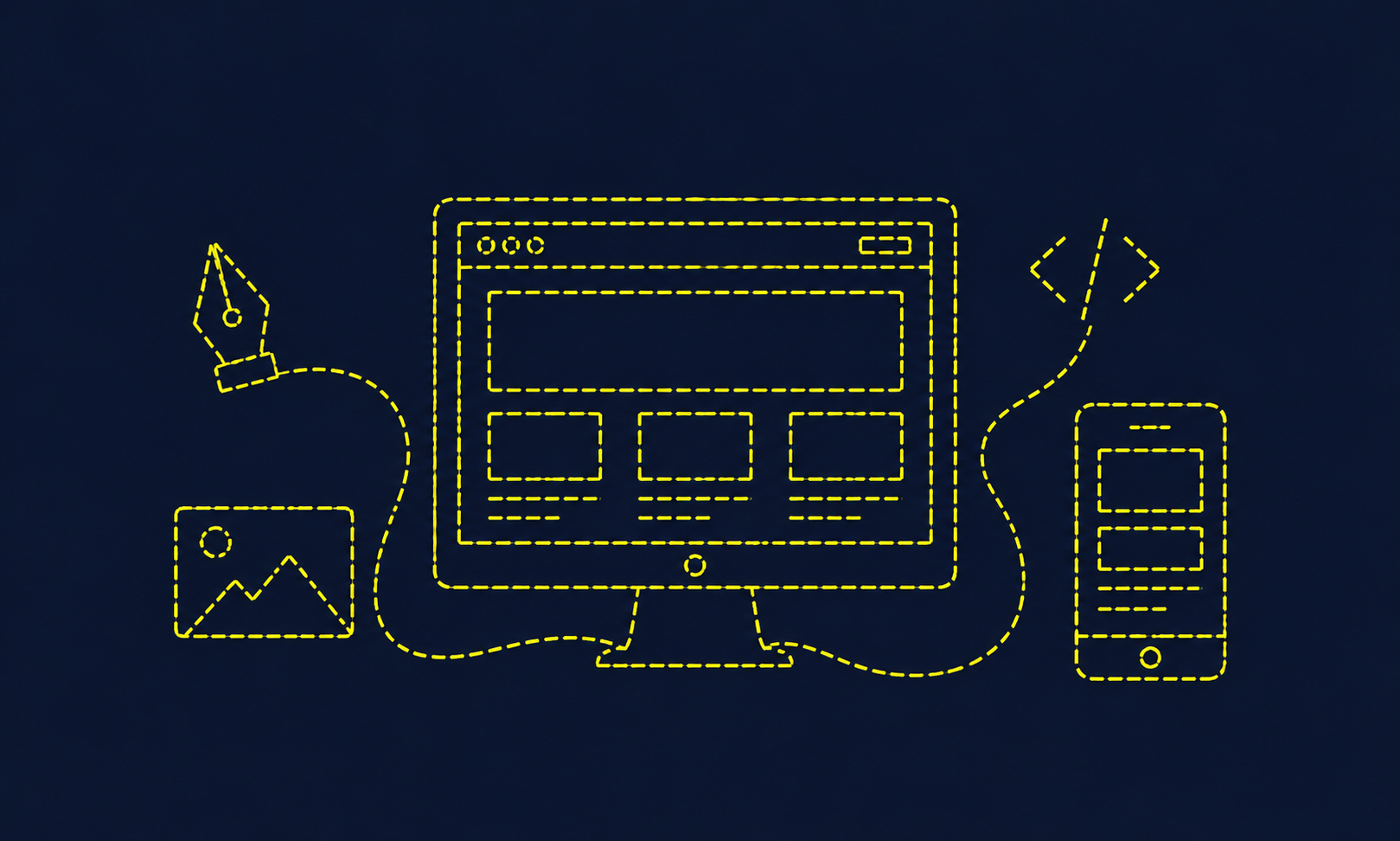Digital illustration of a computer monitor, smartphone, and image file connected by dotted yellow lines, with coding symbols, representing web development or digital design.