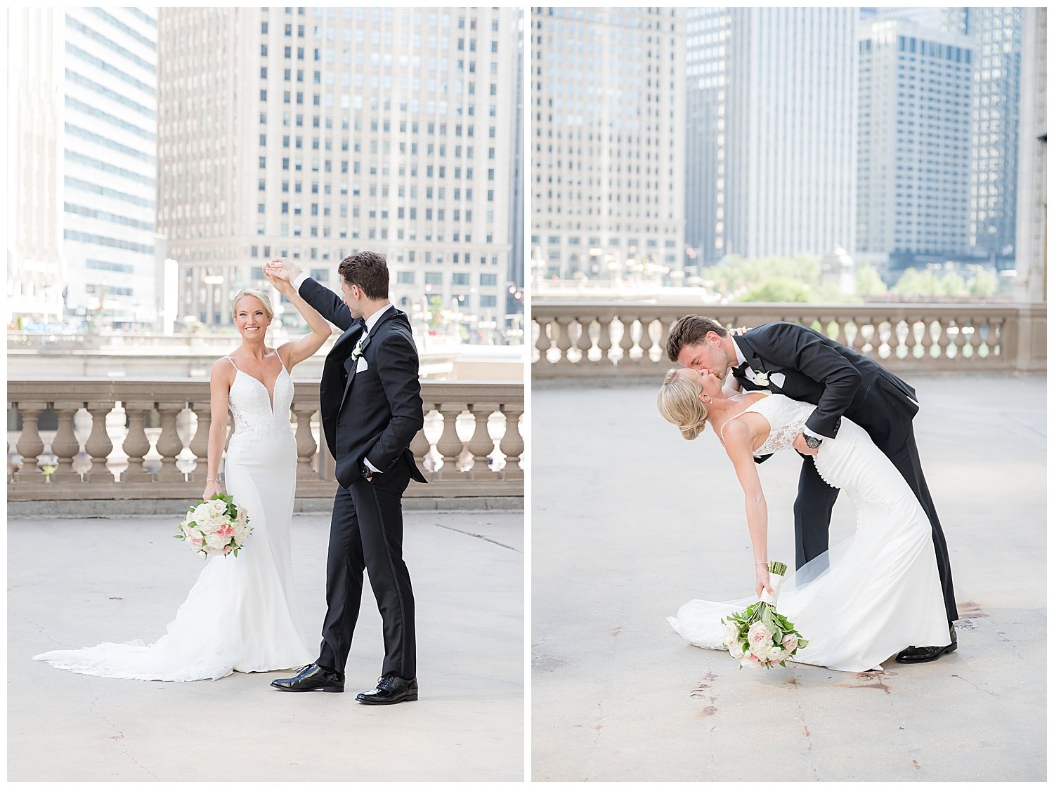 bride and groom at their wedding at the wrigley building in chicago