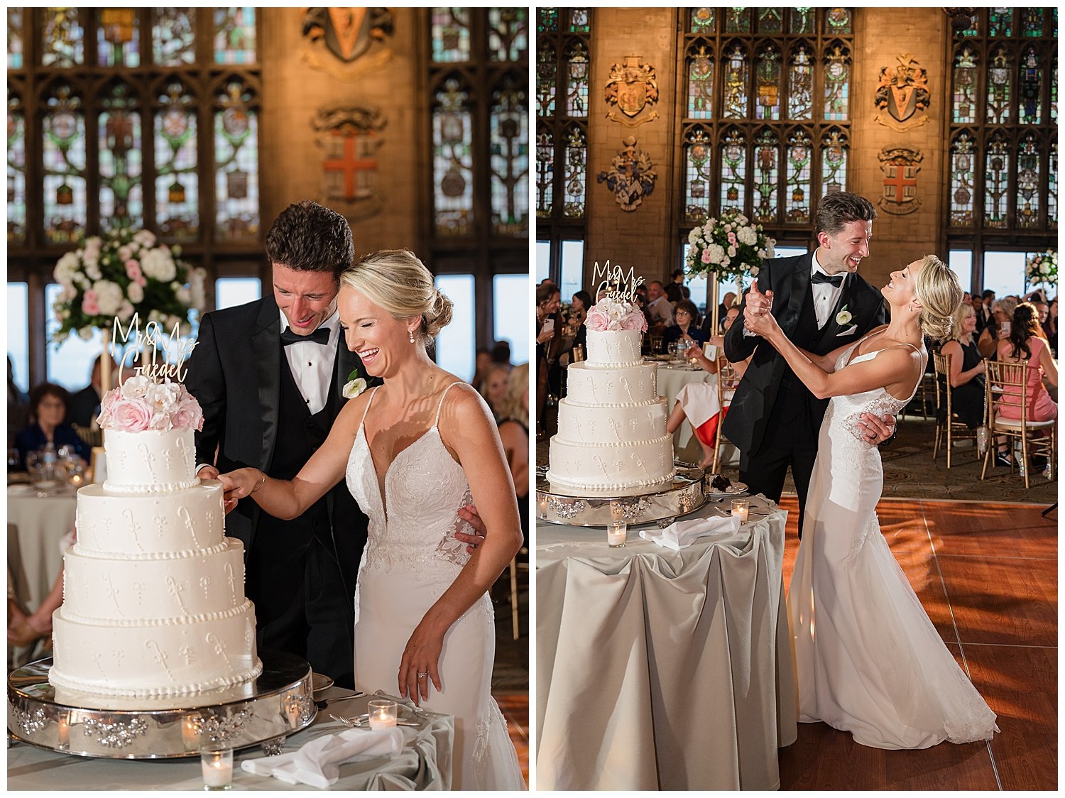 university club of chicago wedding reception in ballroom cake cutting