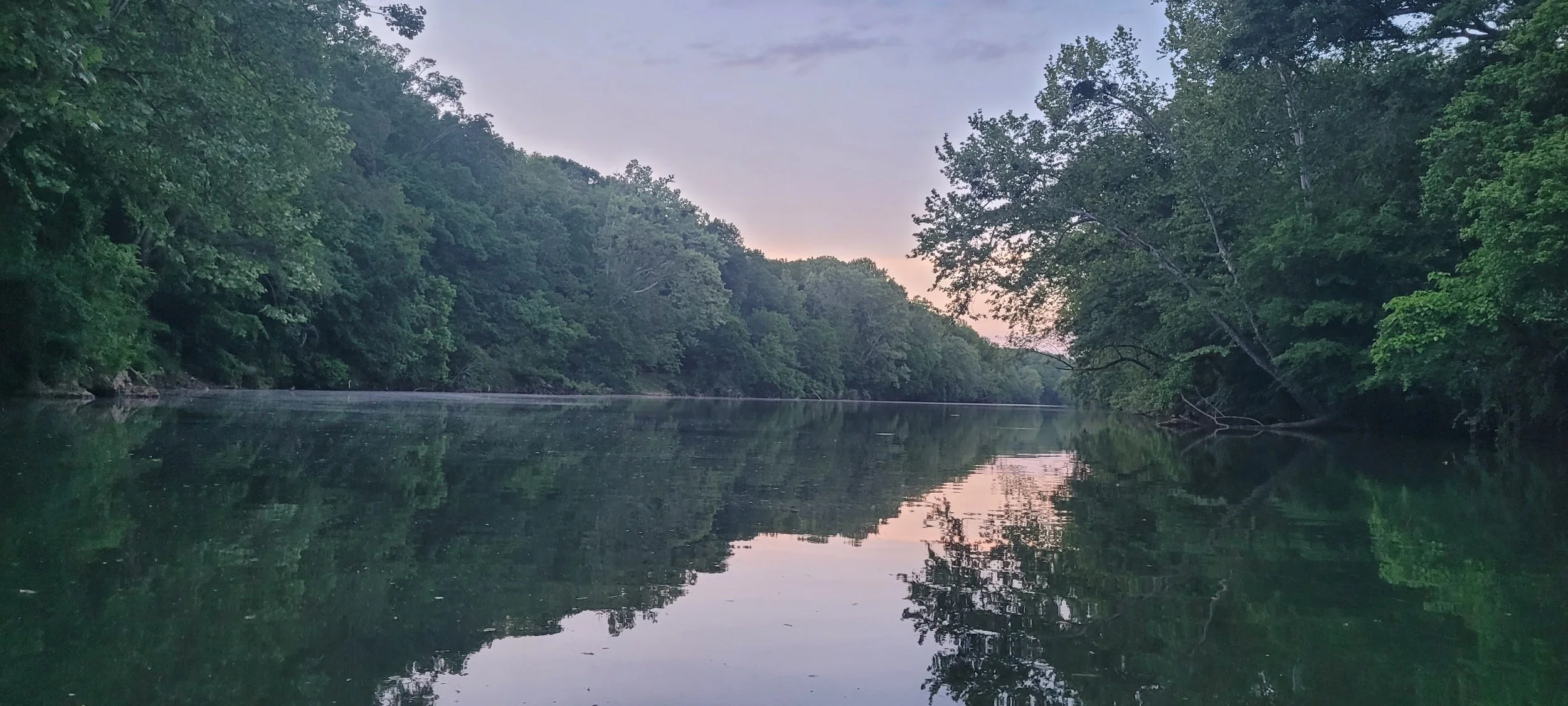 Calm river flowing through a dense green forest with trees on both sides, reflecting on the water's surface at dusk.