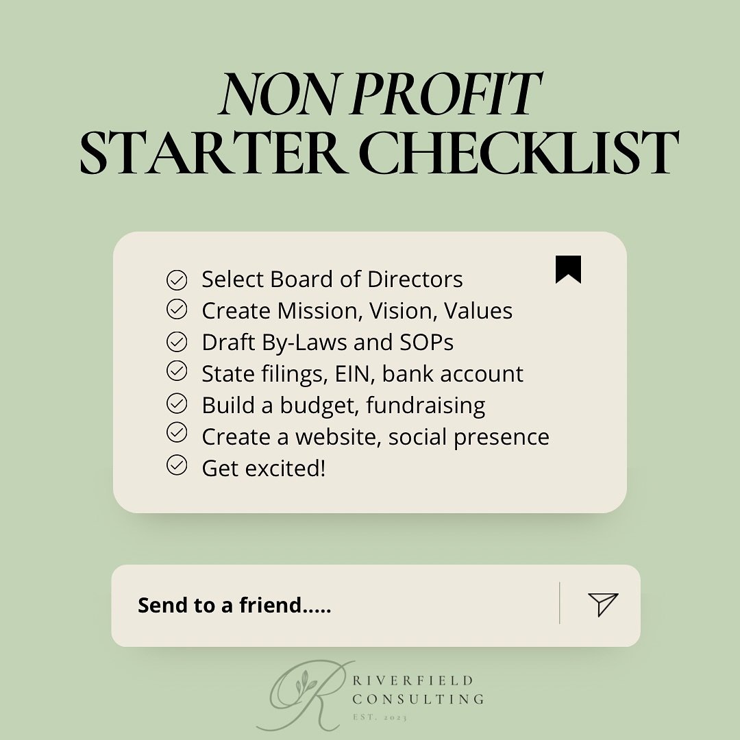 🌟Embarking on a Nonprofit Journey? 🌟 Here&rsquo;s Your Checklist!

Did you know Riverfield partners with nonprofits, guiding them from inception to daily operations? Whether you&rsquo;re a new initiative or an established organization, we&rsquo;ve 