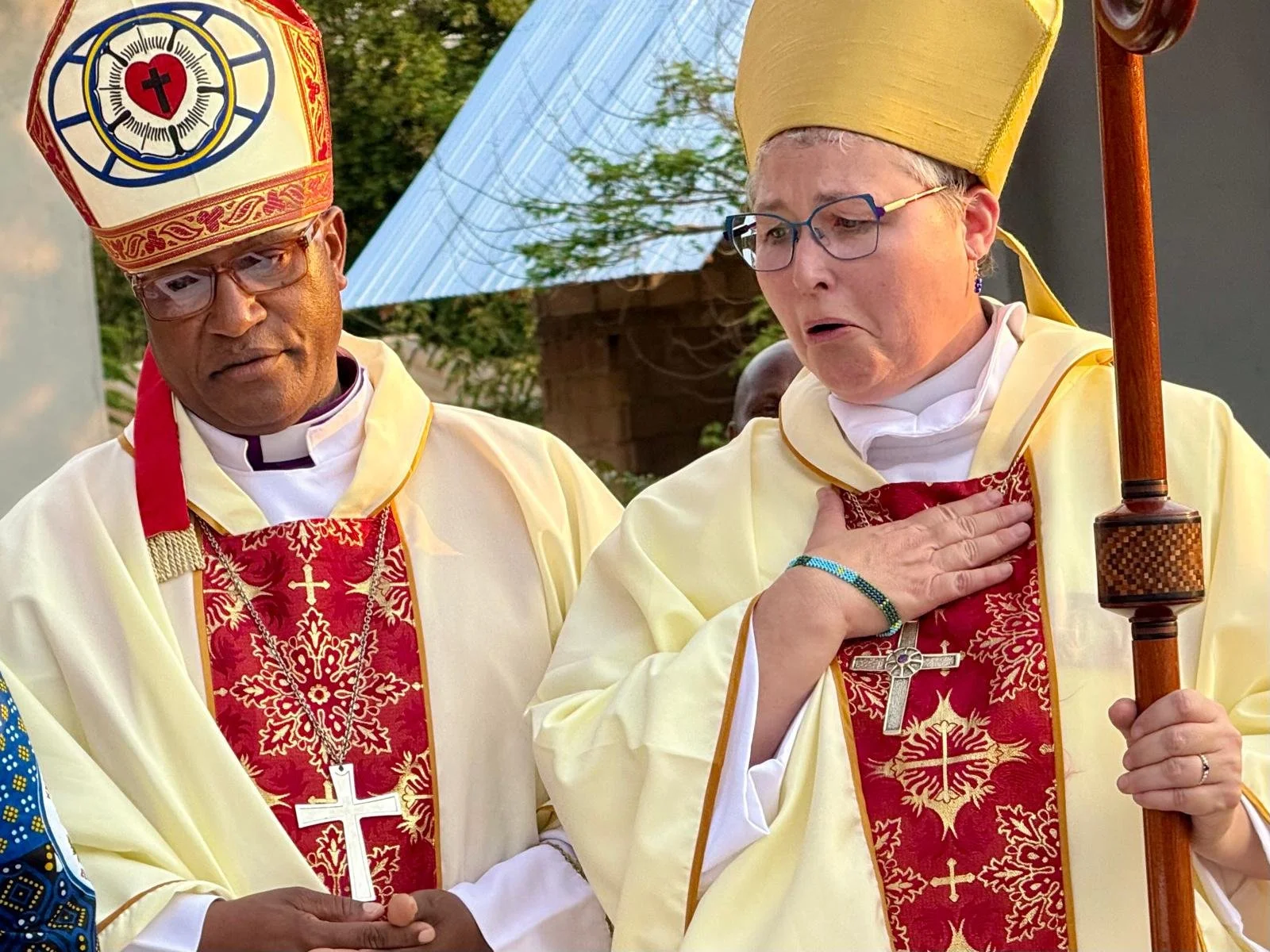 Bishop Current reacting after seeing the inauguration stone and plaque at the inauguration of St. Andrew Pre and Primary School.