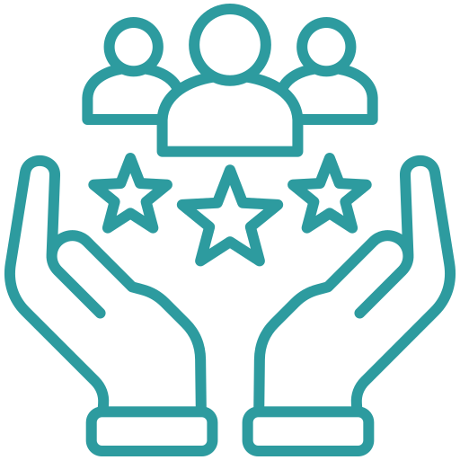 Outline of two hands holding three stars and three people icons above.