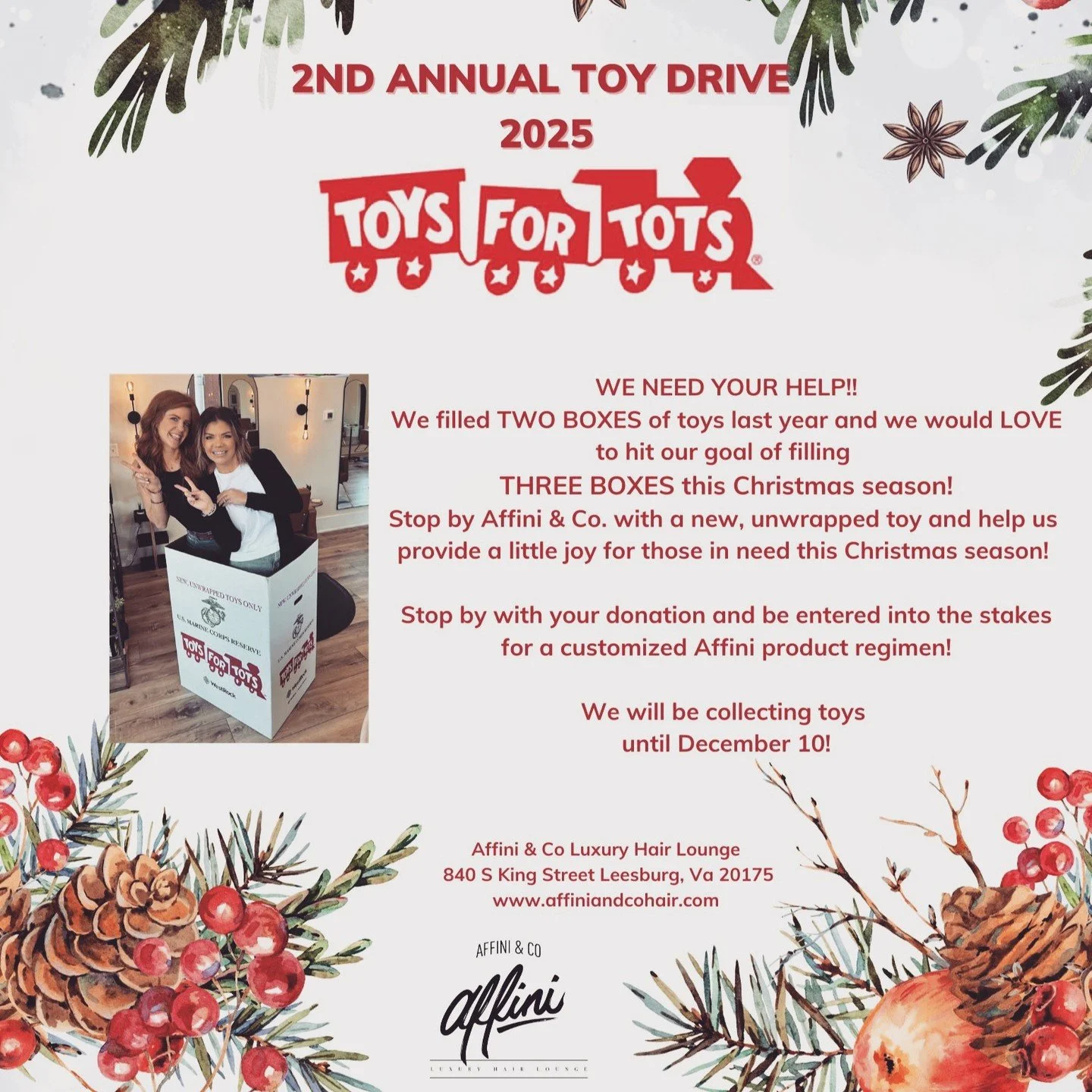 🎁ITS TIIIIIIME🎁 We are honored to be celebrating year TWO of collecting toys for @toysfortotsofficial at Affini! Want to win a customized hair regimen from us? Bring your toy donation in anytime BEFORE December 10th and be entered for your chance t