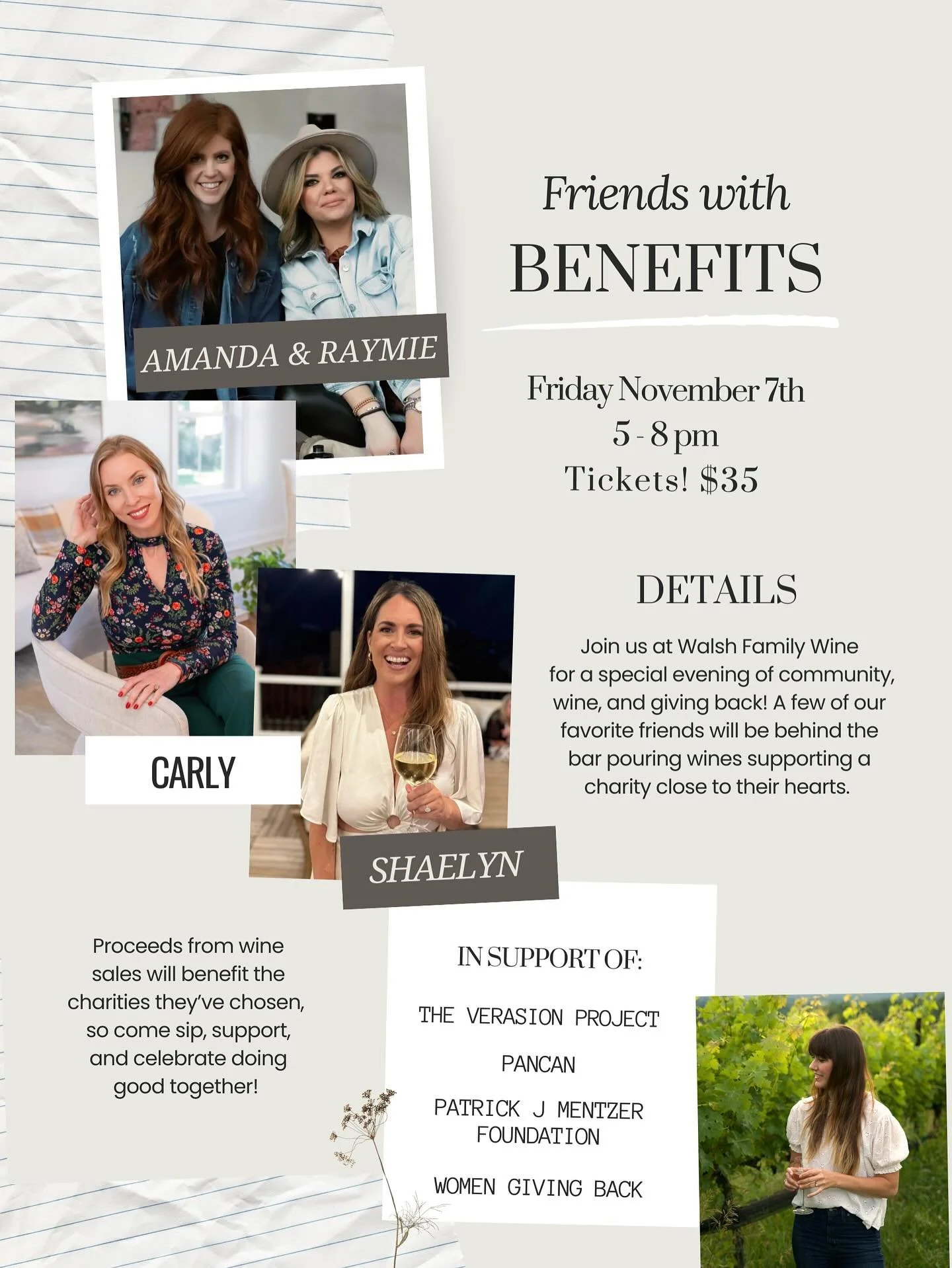 ✨ FRIENDS WITH BENEFITS ✨
We&rsquo;re so excited to join forces for a night of community, wine, and giving back at Walsh Family Wine this Friday, November 7th from 5&ndash;8 PM! 🍷💛

Come sip, support, and celebrate alongside our friends Carly and S